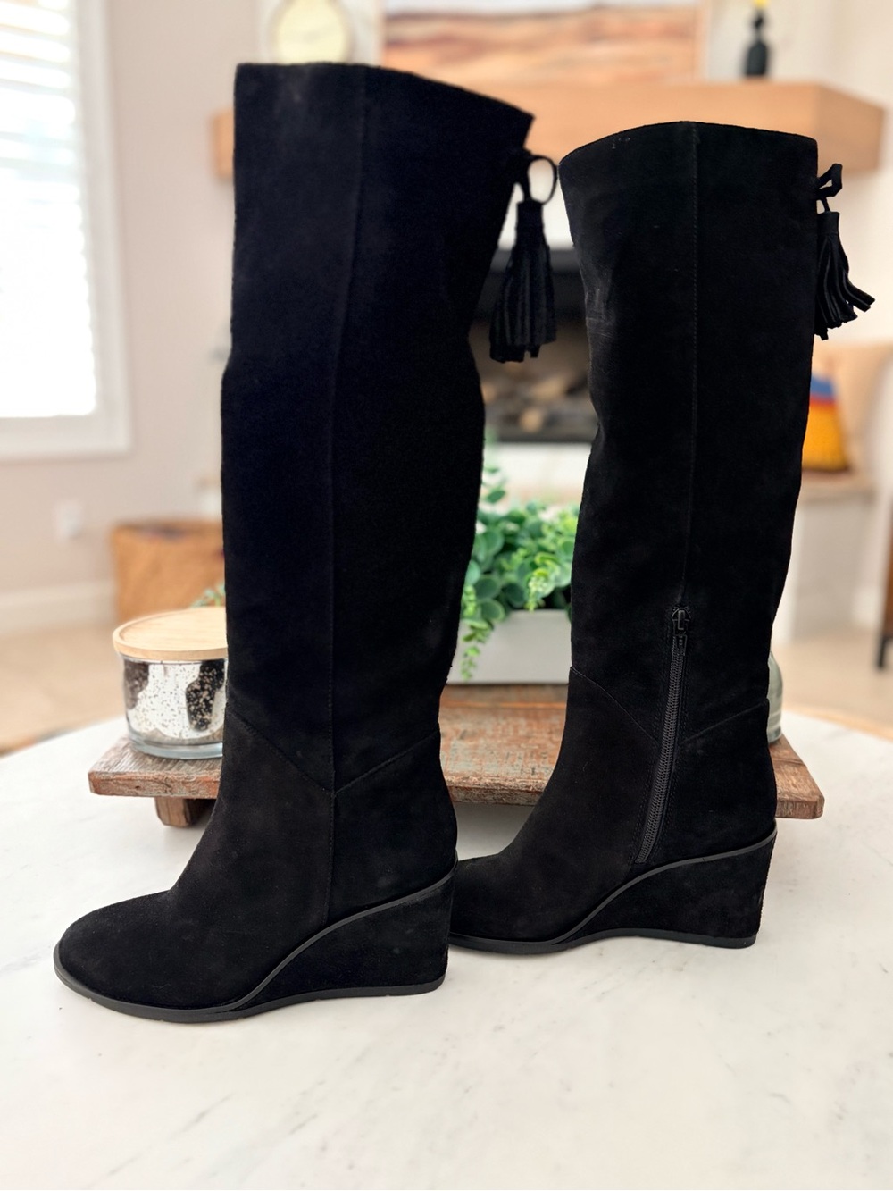 ANTONIO MELANI Maesyn Black Suede Knee-High Wedge Boots with Tassel. Size 7.